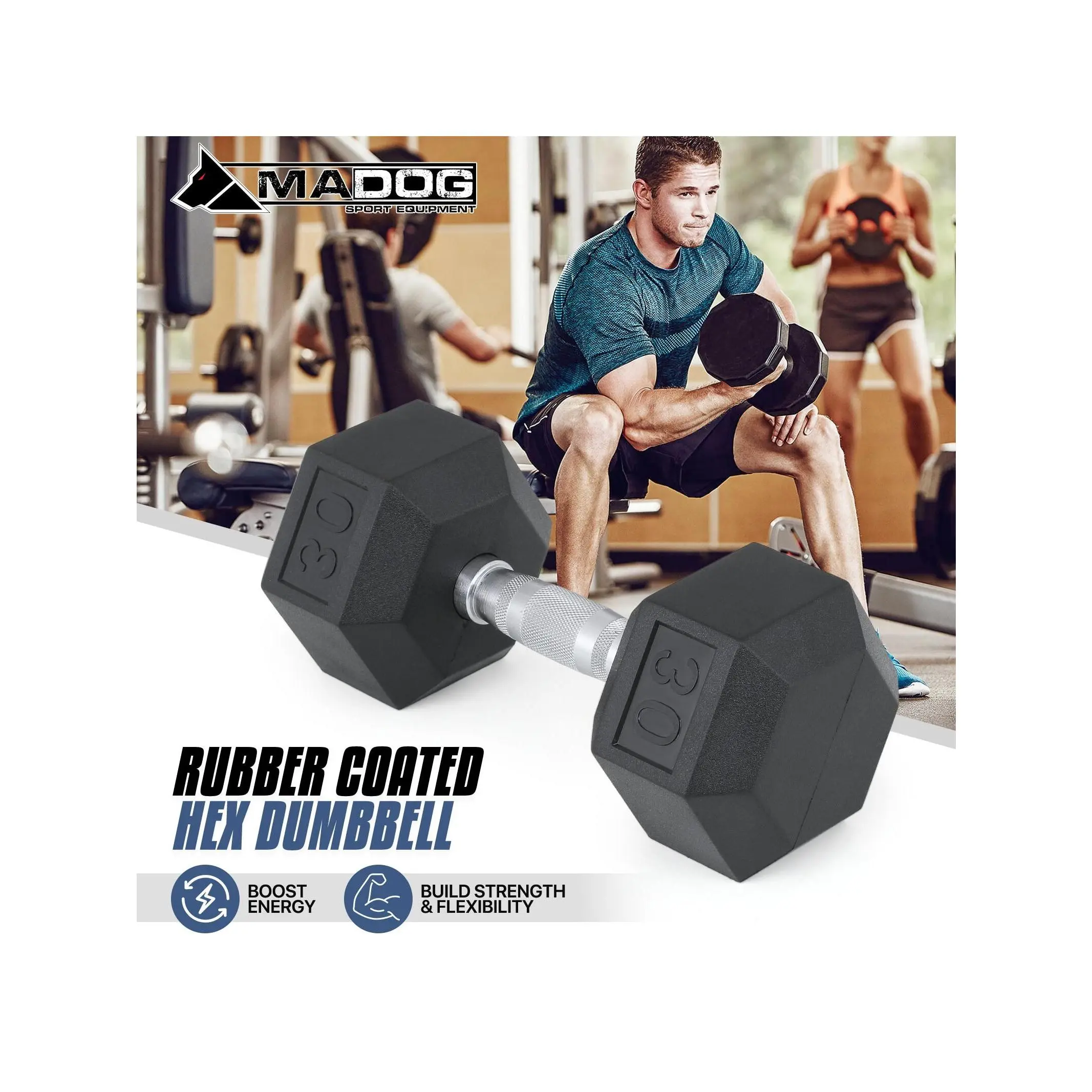 Hot selling styles  MADOG 30 LB Single Free Weight Black Rubber Coated Hex Dumbbell Ergonomic Steel Handle Strength Training Full Body Workout