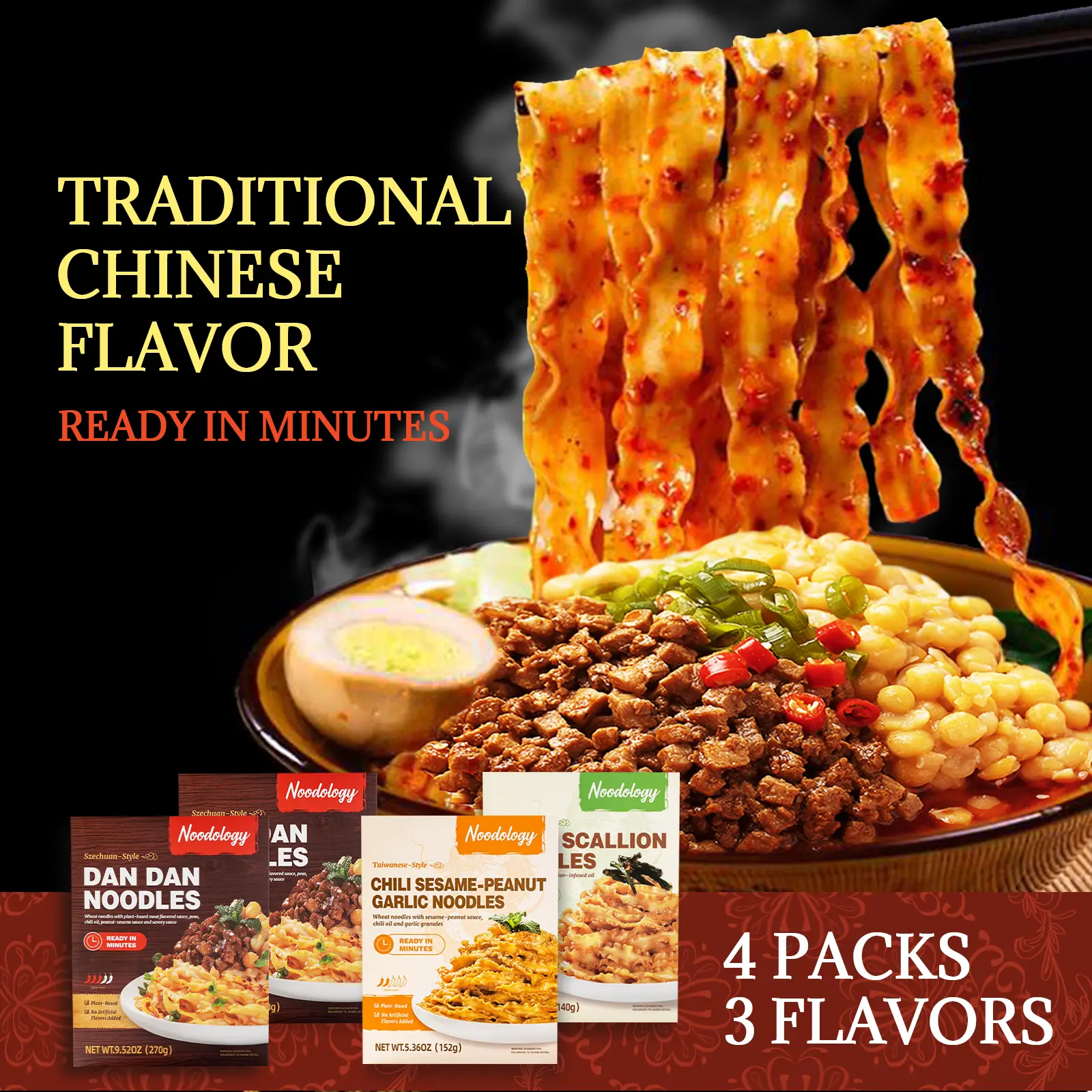 Noodology Spicy Variety Chinese Ramen Noodle Bundle Prep Meal Kits ( 2 x Dan Dan, 2 x Chili Sesame Garlic , 2 x Soy & Scallion) Instant Foods 6 Packs