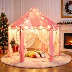【FathersDayGift】Princess Castle Tent for Girls, Hexagon Kids Play Tent with Fairy Star Lights, Indoor Outdoor Playhouse, Princess Toy for Toddlers, Perfect Christmas Birthday Gift for Little Girls Portable Play Area