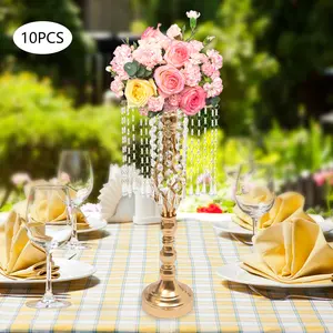 10-Piece Glossy Retro Iron & Acrylic Gold Flower Stand with Crystal Pendants, 19.3" Tall Acrylic Table Centerpiece Vase Holder with Hanging Crystal Chains for DIY Floral Arrangement, Christmas Decoration, Room Home Decor