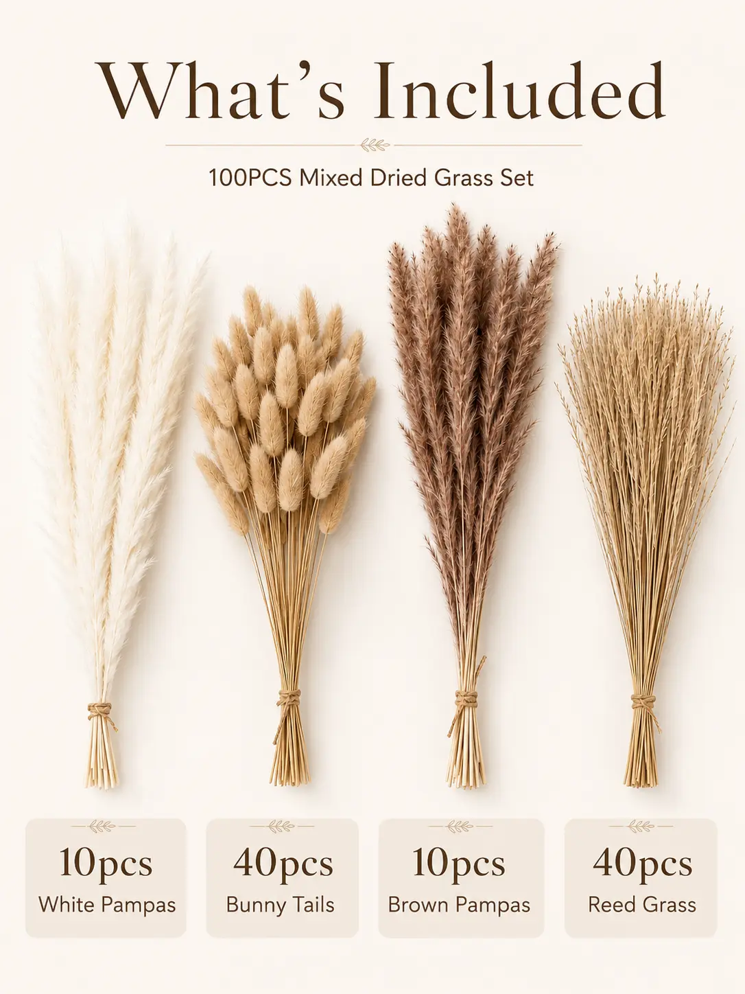 100PCS Dried Pampas Grass Decor Set, Boho Dried Flowers Bouquet for Vase, Bunny Tails & Reed Grass for Home Wedding Party Decor