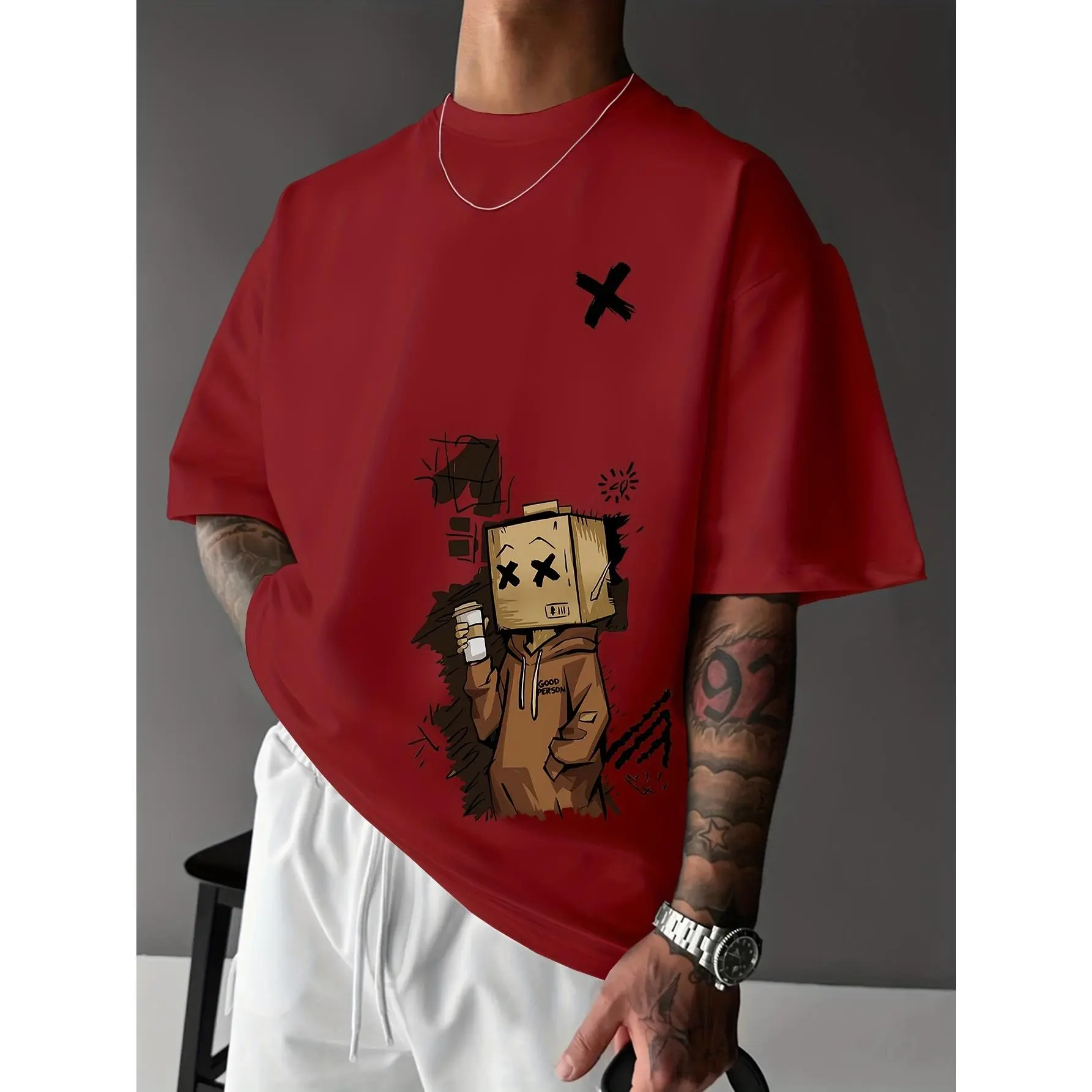 Men's Tshirt in Pure Cotton with Vivid Coffee Puppet Graphics, Casual Short Sleeve Streetwear for Work & Daily Wear, Round, Machine Washable, Vivid Graphics, Menswear, Print, T-Shirt, Top, Round Neck, Simple, Geometric