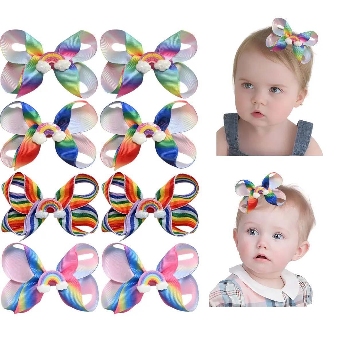 JoyBowie 8pcs Glittered Rainbow Cloud Bow Hair Clips for Female Toddlers, Grosgrain Ribbon Handmade Alligator Barrettes, Beach-Casual Spring Summer Hair Accessories, Birthday Party Gift