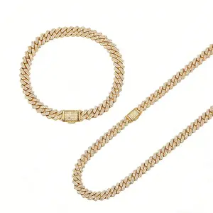 【2pcs Set】14K Vacuum-gold Plated 8mm Miami Cuban Link Chain Ice Out Hip Hop Necklace and Bracelet with 5A+ Canada Zircon CZ Jewelry Fashionable Accessory Valentines Gifts for GF Men Women unisex Monaco Mexico & Micro For Boyfriend Birthday Gift