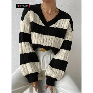 ??Plus Size?? Colorblock Striped Print Textured Drop Shoulder Sweater?Pullover, Casual Long Sleeve V Neck Jumper for Fall & Winter, Women's Plus Clothing for Daily Wear