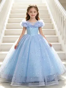 Girls' Long Dress for Piano Concerts, Elegant Cloud Shoulder Design, Floral Pattern, High Waist, Cap Sleeve, Party Wear, Easter Style, Cap Sleeves Dress