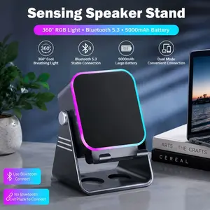Portable Phone Holder Bluetooth Induction Speaker Amplifier, Color Changing LED Light Wireless Speaker with 3500mAh Rechargeable Battery & Personalized Wired Microphone, Universal for All Smartphones & iPad Devices, Black