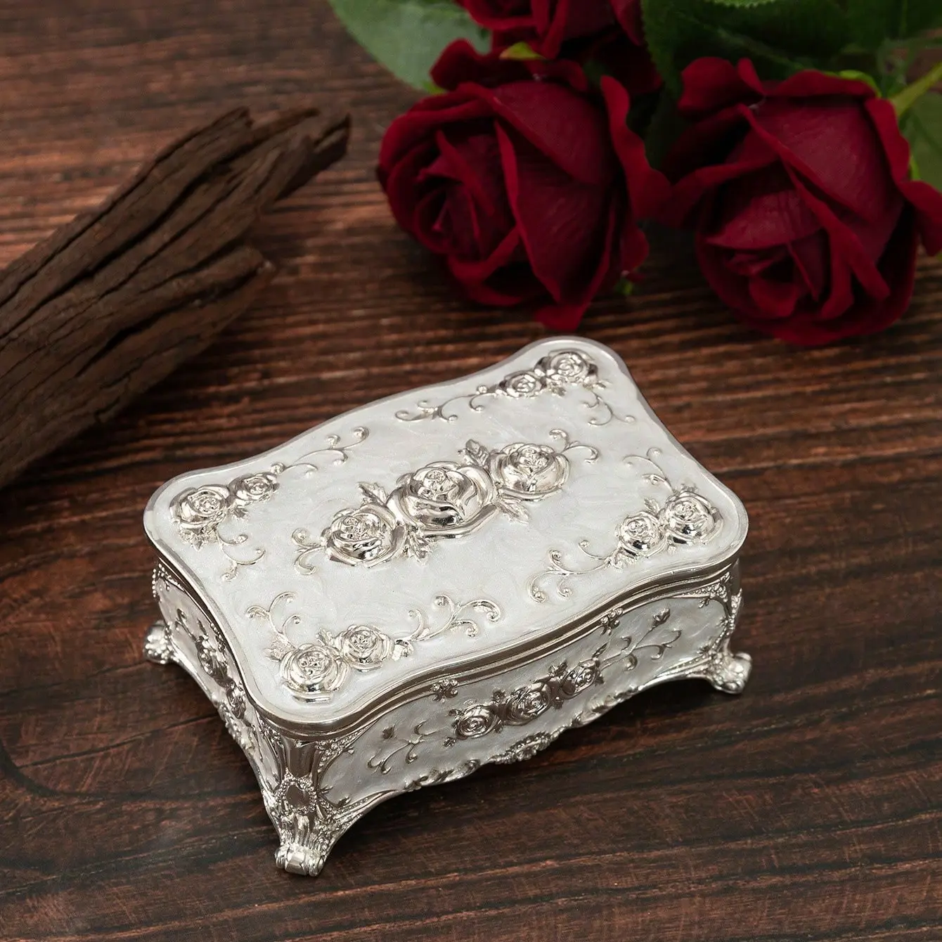 Elegant Silver Color Jewelry Box with Rose Carving Lid, Vintage Storage Case Containers with Lids for Earrings & Rings, Perfect Gift for Women, Jewelry Organizer