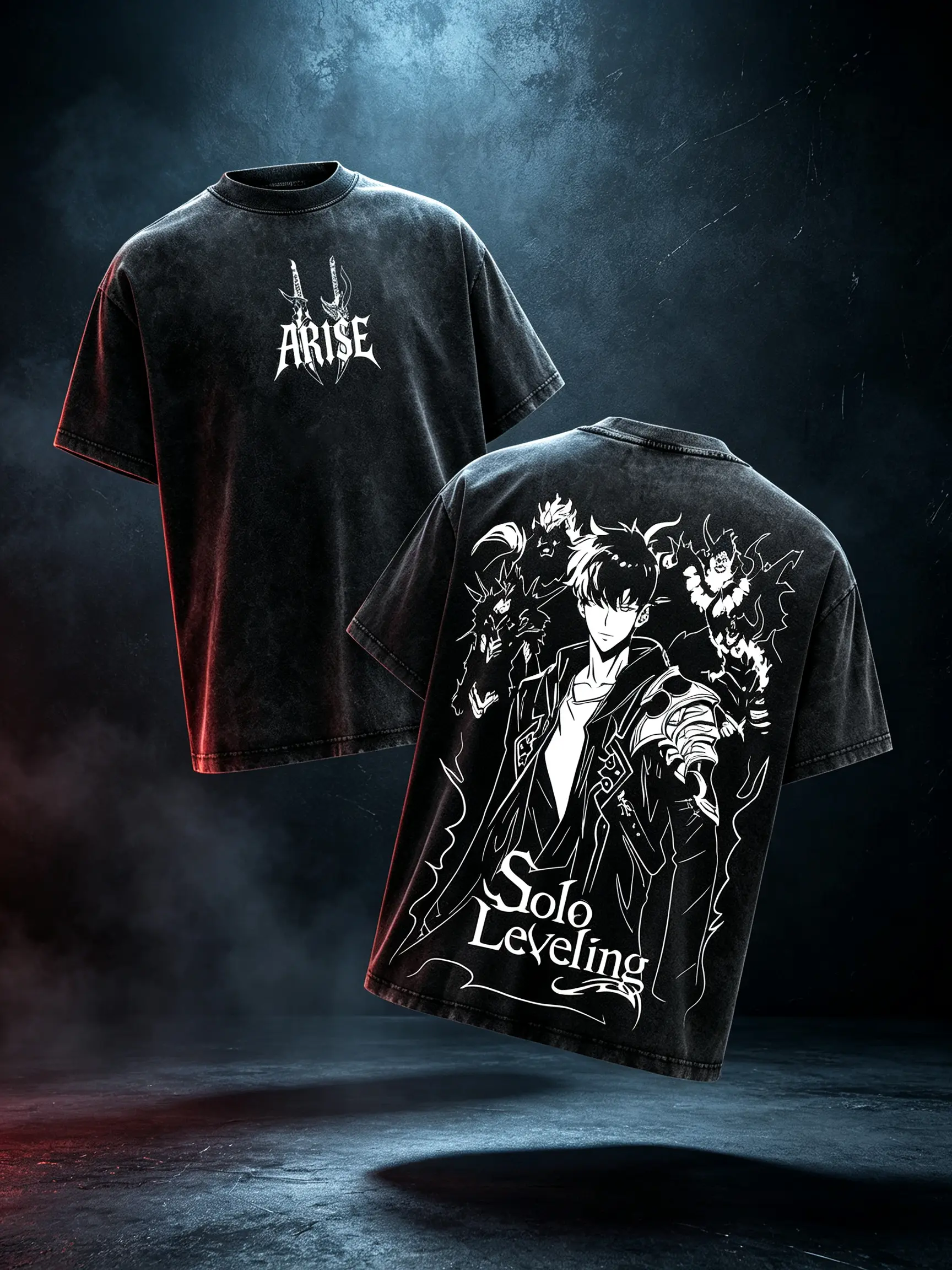 Arise Sung Jin-Woo Tee Washed – Solo Leveling Vintage Washed Heavy Cotton Oversized Anime Manga T-Shirt & Hoodie, Shadow Monarch with Beru Igris Bellion Tusk Edition, Double Printed Retro Unisex Streetwear Graphic Top，good graphic tees Aesthetics