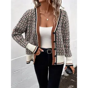 Women's All Over Print Button Front Cardigan, Womenswear Fitted Knitting Tops, Comfort Breathable Casual Drop Shoulder Longsleeves Knitwear for Fall, Cardigan for Women, Preppy 80s ClothesGift5212