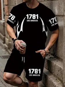 Men's 1781 Los Angeles Flame Print Casual Set, American Street Style Short Sleeve Shorts Two-Piece Set, Daily/commute/ Versatile