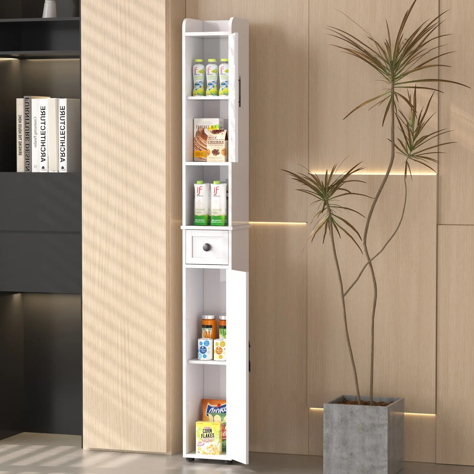 VECELO Bathroom Tall Narrow Cabinet with 7 Layer Storage Space Adjustable Shelves Kitchen Bathroom Cabinet Toilet Paper Holder, Anti-Tipping Floor Cupboard, White for Small Space