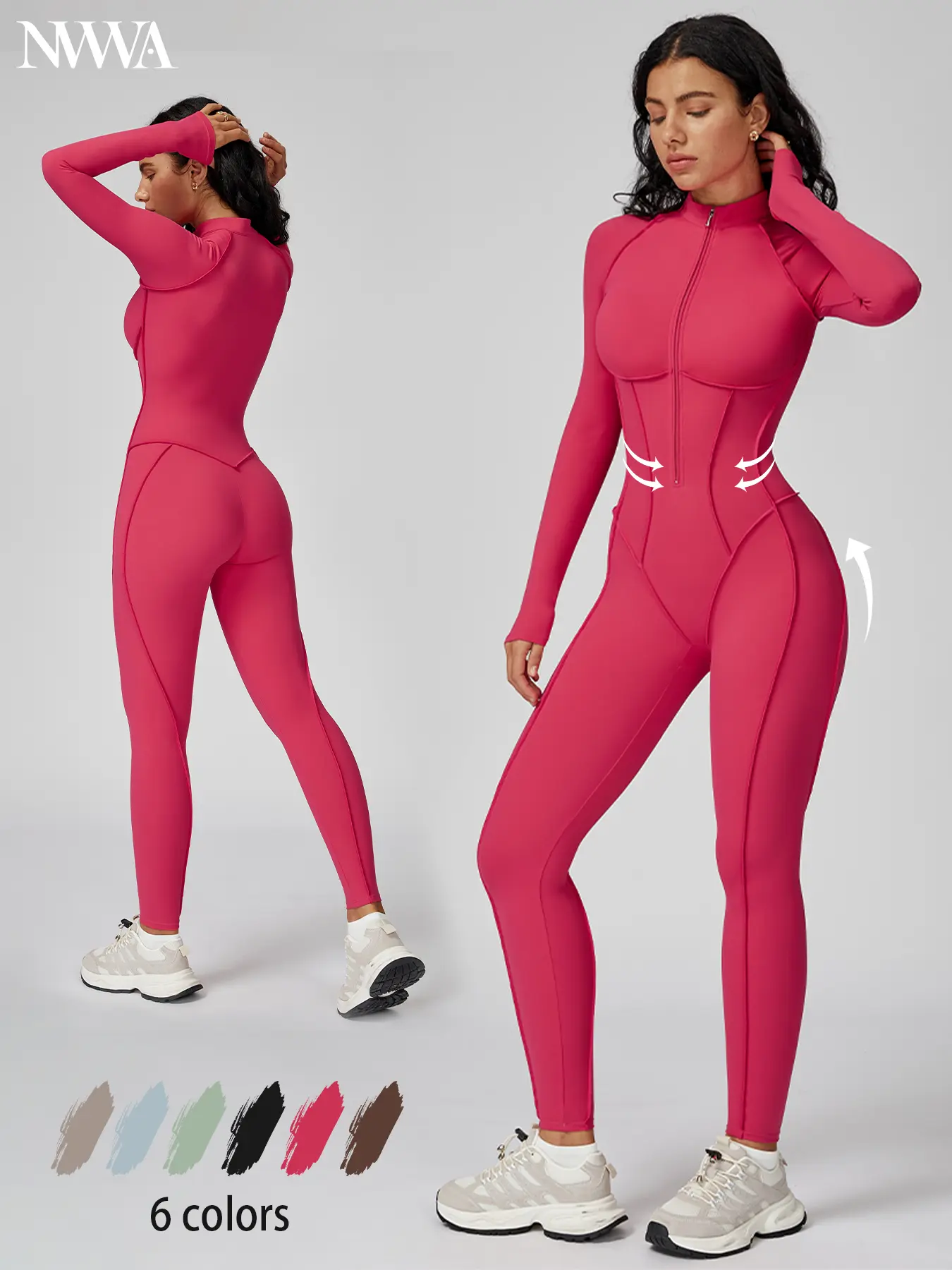 Women's Bodycon Cut Full Sleeve Workout Jumpsuit - Contour Seam, Tummy Control Abdominal Zip-Up, Padded, Full-Length Shapewear, Edge Seams, Sleek Lines, Full Coverage, Workout Gym Clothing, Yoga/Pilates Activewear,outdoorfun