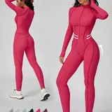 Women's Bodycon Cut Full Sleeve Workout Jumpsuit - Contour Seam, Tummy Control Abdominal Zip-Up, Padded, Full-Length Shapewear, Edge Seams, Sleek Lines, Full Coverage, Workout Gym Clothing, Yoga/Pilates Activewear,outdoorfun