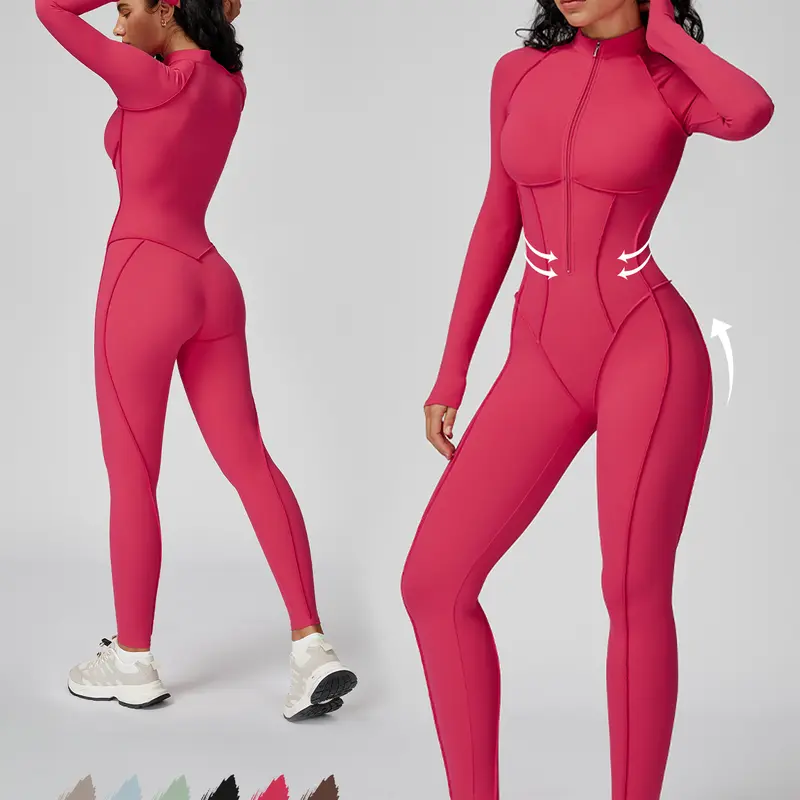 Women's Bodycon Cut Full Sleeve Workout Jumpsuit - Contour Seam, Tummy Control Abdominal Zip-Up, Padded, Full-Length Shapewear, Edge Seams, Sleek Lines, Full Coverage, Workout Gym Clothing, Yoga/Pilates Activewear,outdoorfun
