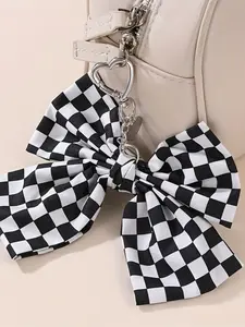 Checkered Bow Keychain, Fashionable Fabric Women's Accessory, Butterfly Pattern, Stylish Hanging Decoration, Trendy Key Holder, Heart Design Keychain, Gift Keychain, Keychain Charm