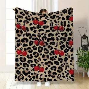 Leopard Cherry Print Flannel Throw Blanket - Breathable Soft, Machine Washable, Scandinavian Look All-Season Blanket for Bedroom - Indoor/Outdoor Cozy Gift for Sofa, Couch - Bold Animal Print & Red Cherries Design