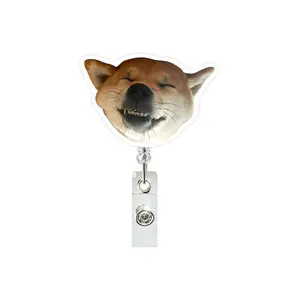1pc Funny Dog Head Acrylic Badge Holder, Retractable Scroll, Alligator Clip, Easy Pull