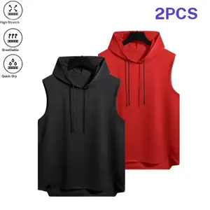 Men’s two piece sleeveless hooded tank top set, minimalist sporty style, highly elastic, breathable, quick drying, drawstring hood, curved hem; versatile for gym, commuting, and home wear.