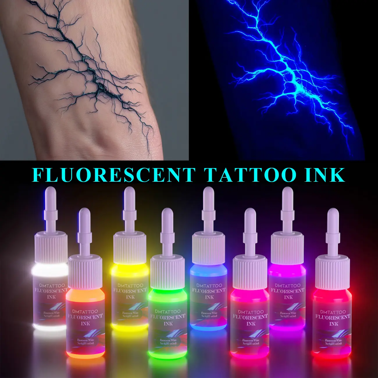 DMTATTOO 8pcs 5ML Fluorescent UV Tattoo Inks Set - Natural Plant Extract Pigments Cosmetic Bottles, Smoothing Attractive Tattoo Supplies for Professional Body Art Beauty & Personal Care