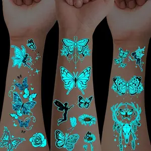12 Pcs Glow-In-The-Dark Blue Butterfly Temporary Tattoos, Waterproof Fake Tattoo Stickers, Perfect for Nightclubs, Festivals, Party Decorations
