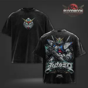 Vintage Washed Mecha Robot Japanese Text Graphic Back Print Oversized Heavyweight Cotton T-Shirt Double Print Streetwear Unisex