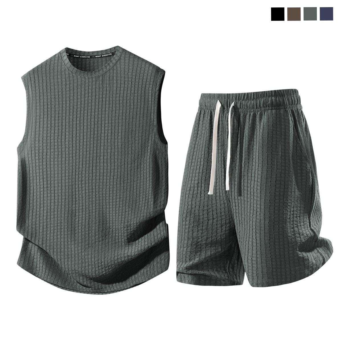 Men's 2-Piece Plain Waffle Knit Sports Clothing Set - Sleeveless Round Neck Tank Top, Elastic Waist Drawstring Casual Shorts, Breathable Comfortable Summer Apparel for Workout, Daily Wear, Two Piece Set Men's 2-Piece Plain Waffle Knit Sports Clothing Set - Sleeveless Round Neck Tank Top, Elastic Waist Drawstring Casual Shorts, Breathable Comfortable Summer Apparel for Workout, Daily Wear, Two Piece Set