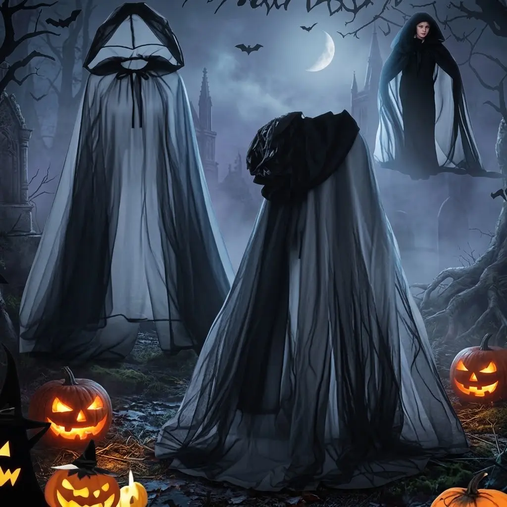 Halloween Hooded Cloak for Women, Sheer Tulle Ghost Cape with Hood, Spooky Grim Reaper Witch Vampire Long Robe for Adult Cosplay Party, Flowy Gothic Floor Length Costume Accessories for Spooky Season Trick or Treat Fancy Dress Photo Props Gifts