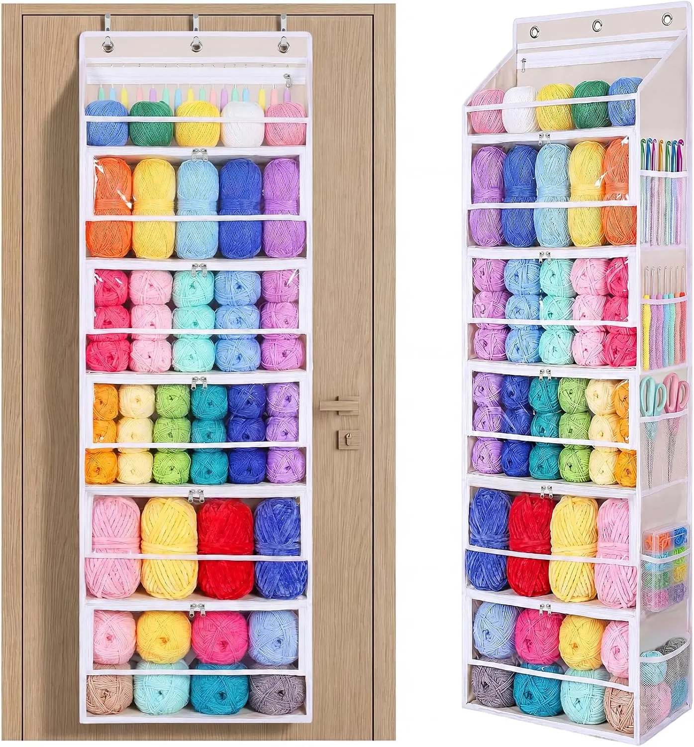 Over the Door Yarn Storage Organizer, 6-Tier Large Capacity Yarn Organizer | with Zippered Compartments & Mesh Pockets for Yarn, Needles and Crochet Hooks Gift
