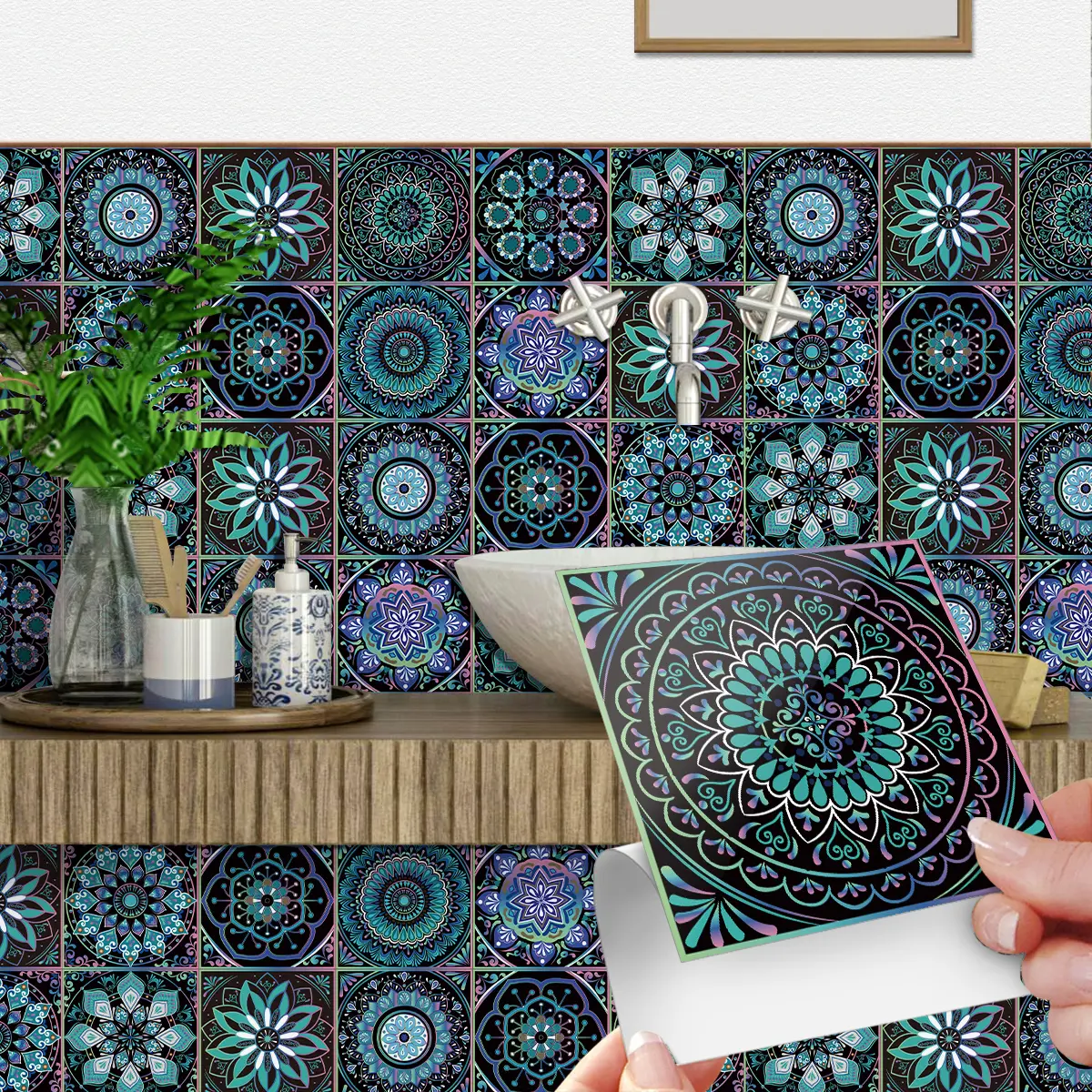 24 Pcs Removable Tile Stickers Residue-Free Waterproof Oil-Proof Self-Adhesive for Kitchen Bathroom Cabinet Renter-Use Easy Apply Peel Moisture-Proof Mildew-Resistant