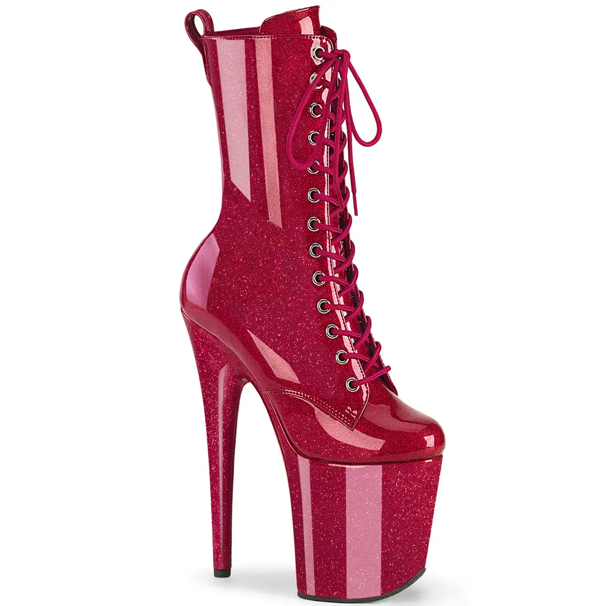Women's 8-in Fuchsia Glitter Lace Chunky Heel Platform Boots with Zip, Glitter Patent FLAMINGO-1040GP Footwear for Stage Shows, High-Impact Color, Maximum Shimmer, Ankle, All Seasons, Any Event