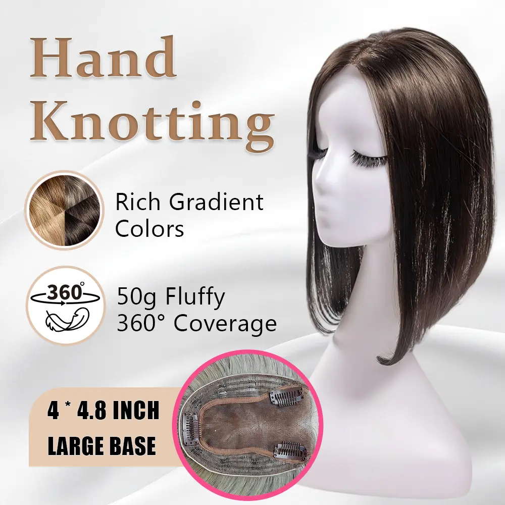 EC 50g Fluffy Hair Topper for Thinning Hair | 14-inch Free Parting Straight Hairpiece with 3 Anti-Slip Clips | 4×4.8In Hand Knotting Lace | 3D 360° Full Coverage Breathable Base for Grey Root Coverage & Natural Volume for Casual, Work, Classy Daily Wear