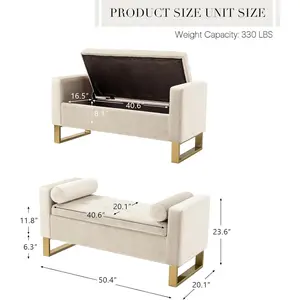Modern Storage Bench with Gold Base & Bolster Pillows, Upholstered Bedroom Ottoman Bench for End of Bed, Tufted Footstool for Entryway Living Room Dining Room, Ivory