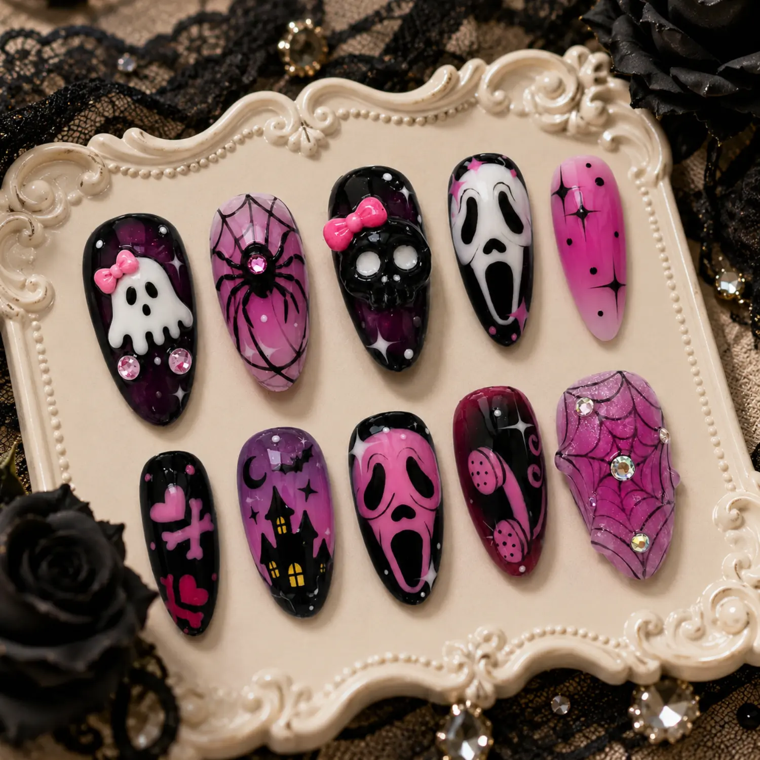 Pink Gothic Halloween Press On Nails, Ghost Face Spider Web Skull Design, Dark Glam Handmade Horror Nail Set, Cute Spooky French Goth Manicure for Women