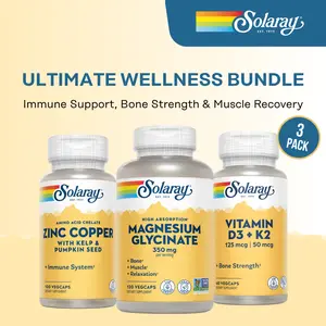 Solaray Ultimate Wellness Bundle 3-Pack -  Magnesium Glycinate + Vitamin D3/K2 + Zinc Copper  for Daily Mineral & Overall Wellness Support Fitness Endurance Supplement Edible