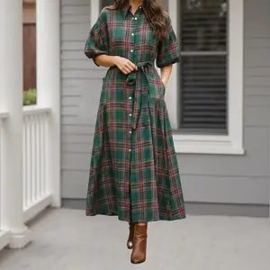 Women's Christmas Plaid Long Shirt Dress Lantern Short Sleeve Lapel Button Down DressFit Blouse Dress with Blet and Pockets Fall Streetwear