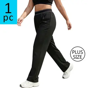 Plus-size women’s athletic casual pants with an elastic waistband and straight legs; solid color, versatile running/fitness/jogging pants; plus-size black straight-leg pants; medium stretch woven fabric; suitable for everyday wear and as a holiday gift.