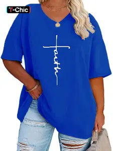 【Plus Size】 Letter Print Drop Shoulder Statement Tee, Casual Half Sleeve V Neck Jersey T-shirt for Summer, Women's Plus Clothing for Daily Wear