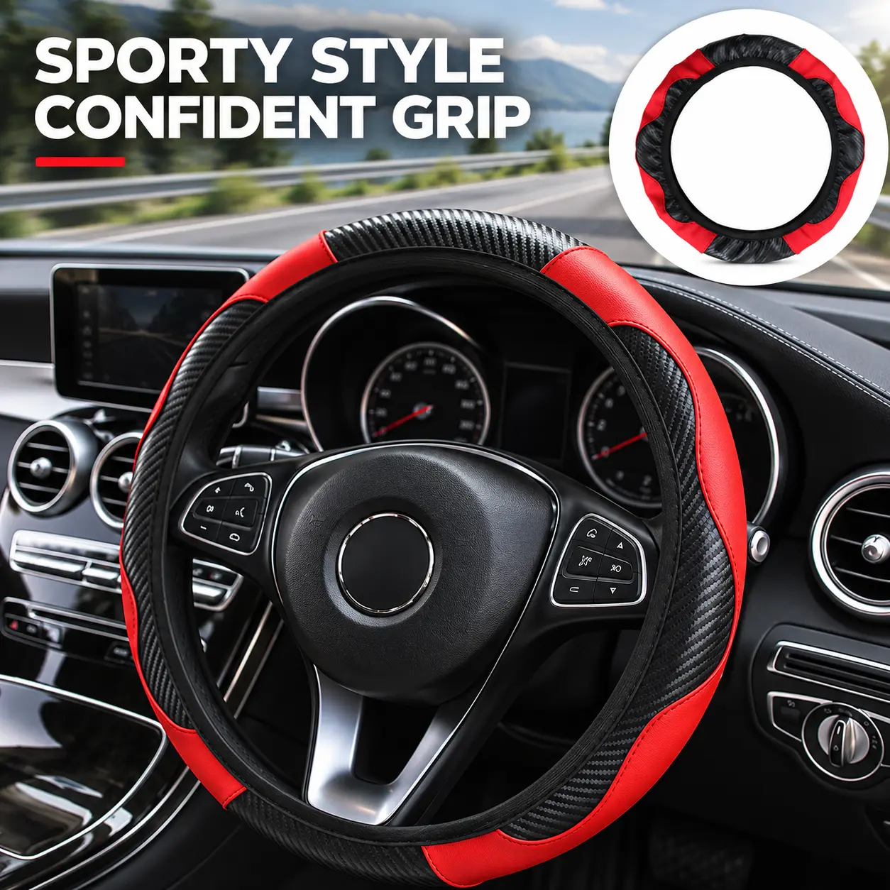 Car Steering Wheel Cover, Carbon Fiber Microfiber Faux Leather, Ringless Anti-Slip Breathable Stretch-On Protector, Wear-Resistant, Universal Fit 14.56-14.96 Inch, No Inner Ring, Red and Black Auto Interior Accessory for Cars, SUVs and Trucks, Father Gift