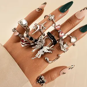 13Pcs Y2K Rings For Women Vintage Irregular Chunky Adjustable Gothic Open Ring Set Moonstone Butterfly Star Pink Heart Aesthetic Statement Accessories Stretchy Scrunchie Lanyard With Retractable Car Keychain