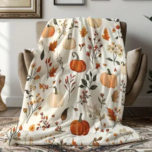 1pc All-Season Flannel Blanket - Soft Cozy Fall Throw with Pumpkin, Leaf & Floral Prints in Orange, Beige, Brown - Lightweight Warmth for Couch, Bed, Home Decor - Machine Washable Flannel Fleece - Thanksgiving, Halloween, Christmas Gift Idea