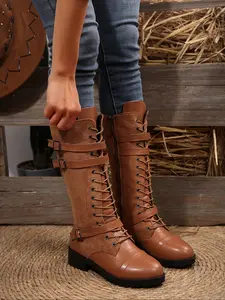 Women's Patchwork Mid-Calf Boots, Round Toe Buckle Side Zipper Design, Large Size Chunky Heel Fall Winter Fashion Booties, Winter Warm Boots