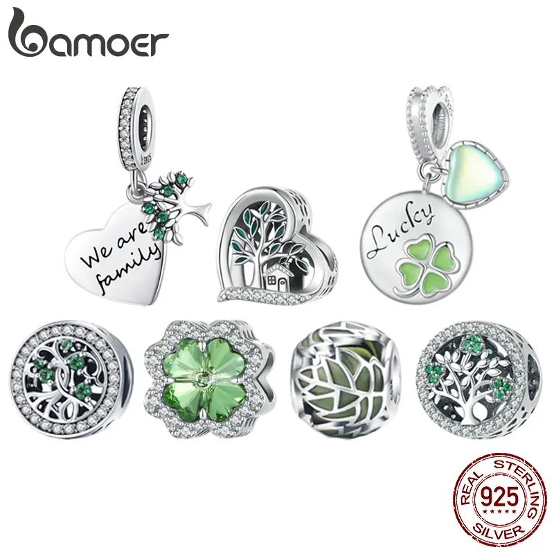 Bamoer 925 Sterling Silver Green Transparent Clover Beads The Tree of Life Family Pendant Plant Charms for Women Necklace DIY