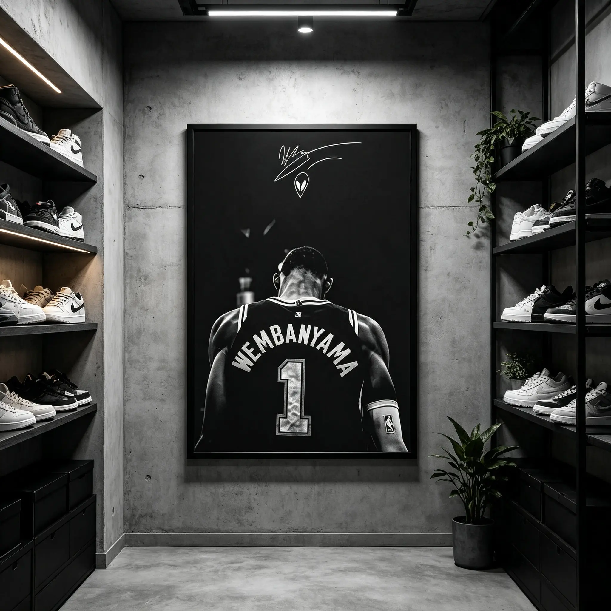 Wembany #1 Back View Signed Style Canvas Wall Art, Black White Basketball Poster, Industrial Sneaker Room Man Cave Home Decor