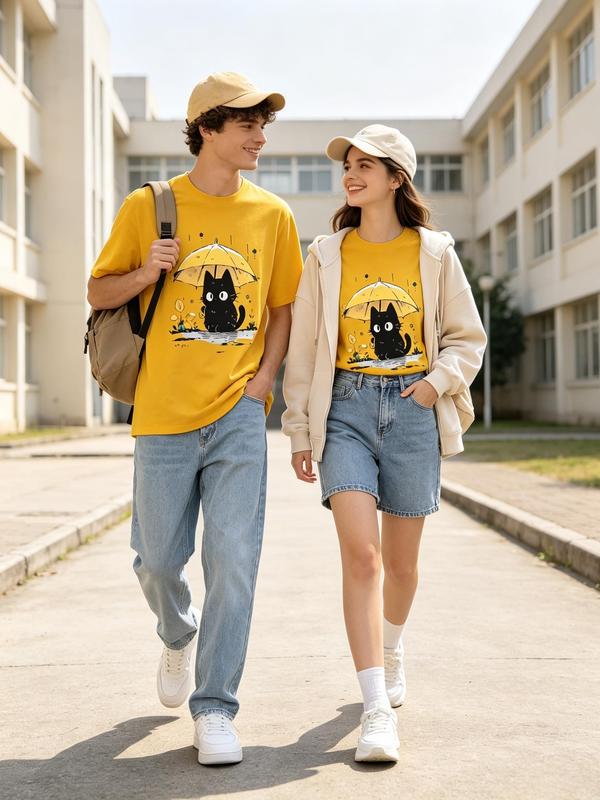 Women's Pure Cotton Short-Sleeve Crew Neck Tailored Fit Black Cat Graphic Print T-Shirt - Cute Lightweight Short Sleeve Tops for Beach, Back-to-School, Sohochic