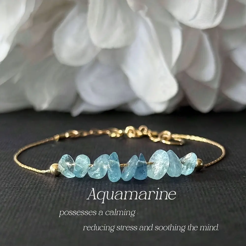 Natural Aquamarine Chip Bracelet, March Birthstone Calming Crystal Adjustable Golden Bracelet, Bohemian Stress Relief Healing Stone Jewelry Gift for Women