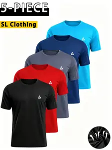 5-Pack Summer Casual Sporty Print T-Shirts, Breathable Quick-Dry Short Sleeve Round Neck Tops, Running Workout Shirts, Gym Training
