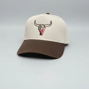 LP HATS - White and Brown Baseball Cap with Bull Skull Design