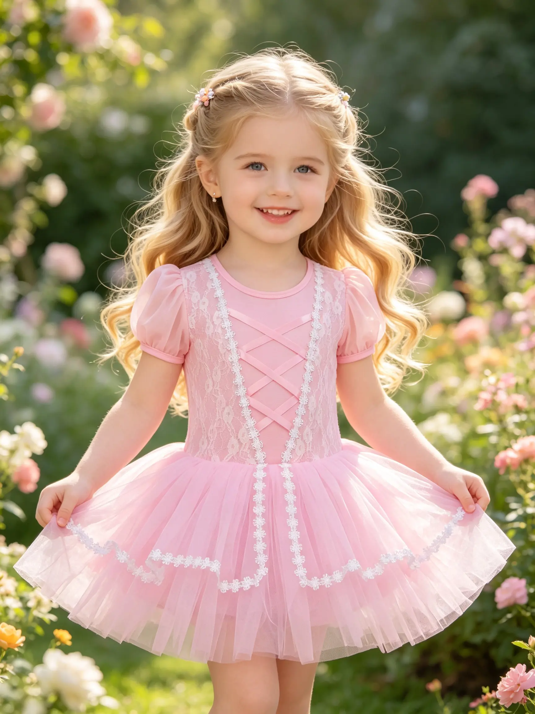 Girls Puff Short Sleeve Lace Crisscross Pink Ballet Tutu Dress Leotard White Floral Trim Tulle Skirt Kids Gymnastics Recital Princess Dance Costume Toddler Stage Training Outfit
