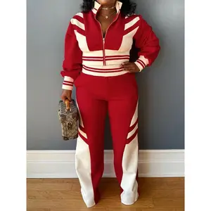 Women's Fashion Casual Colorblock Set, Chic High Neck Zipper Top Jacket & Flare Pocket Pants, Fall Winter Outdoor Wear